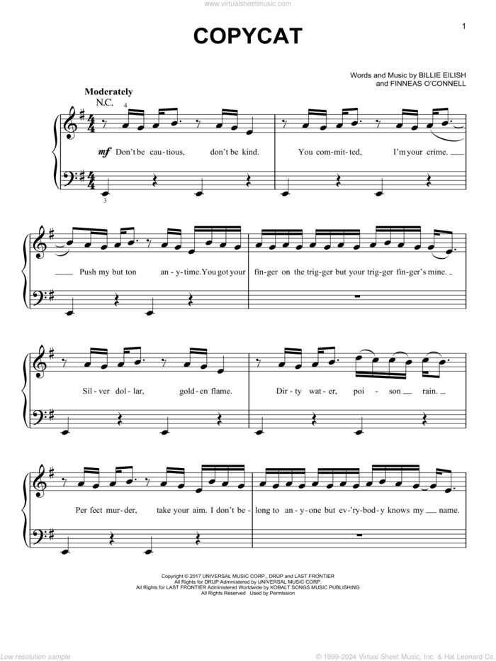 COPYCAT sheet music for piano solo by Billie Eilish, easy skill level