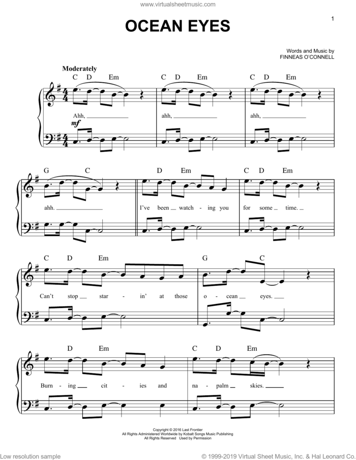 ocean eyes sheet music for piano solo by Billie Eilish, easy skill level
