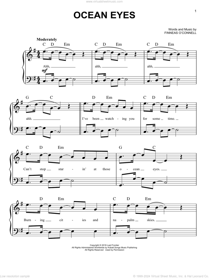 ocean eyes, (easy) sheet music for piano solo by Billie Eilish, easy skill level