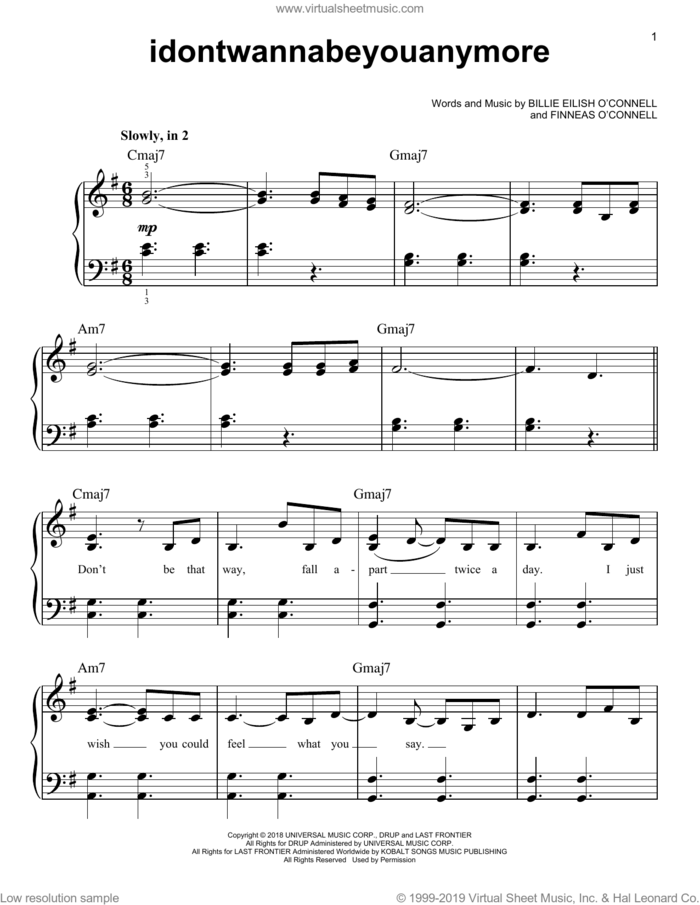 idontwannabeyouanymore sheet music for piano solo by Billie Eilish, easy skill level