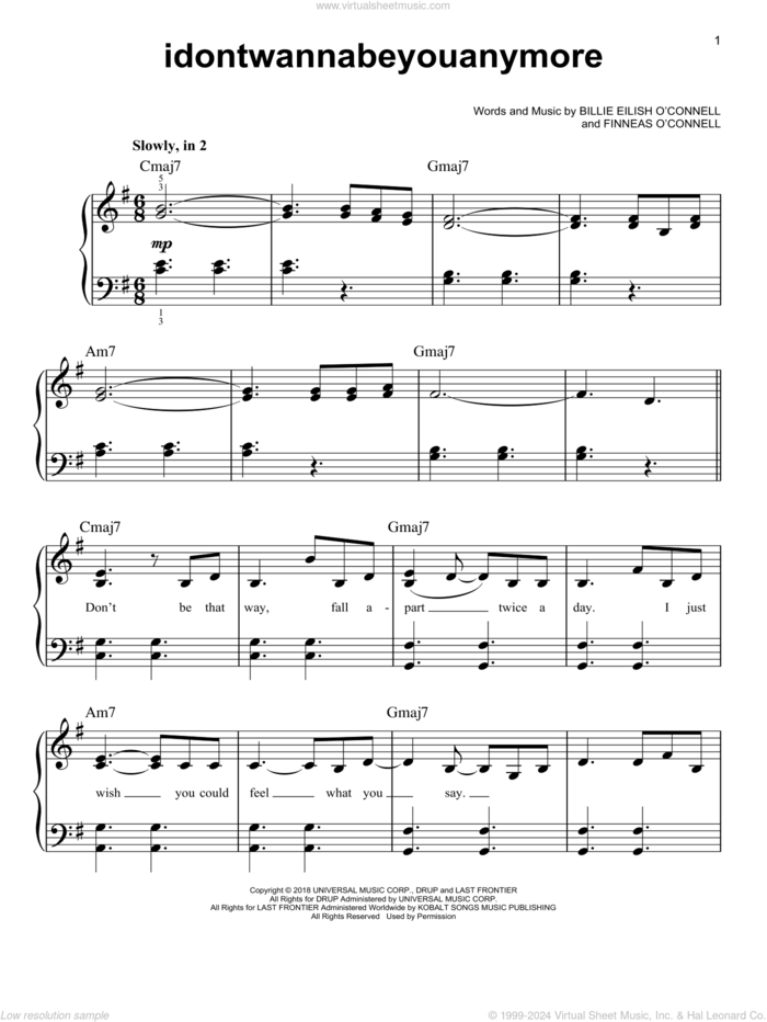 idontwannabeyouanymore, (easy) sheet music for piano solo by Billie Eilish, easy skill level