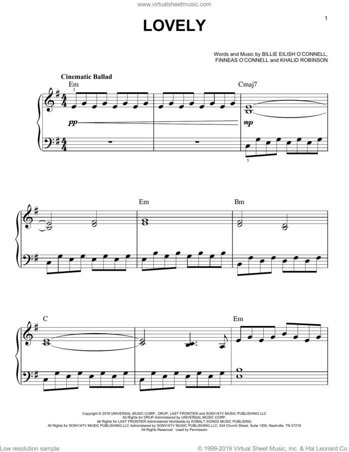 lovely (from 13 Reasons Why), (easy) sheet music for piano solo by Billie Eilish & Khalid, Billie Eilish and Khalid Robinson, easy skill level
