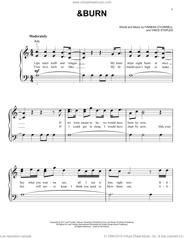 &burn (with Vince Staples) sheet music for piano solo by Billie Eilish and Vince Staples, easy skill level