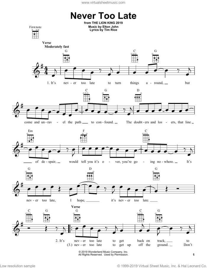 Never Too Late (from The Lion King 2019) sheet music for ukulele by Elton John and Tim Rice, intermediate skill level