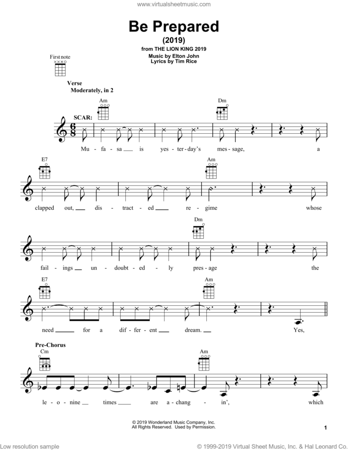 Be Prepared (from The Lion King 2019) sheet music for ukulele by Chiwetel Ejiofor, Elton John and Tim Rice, intermediate skill level