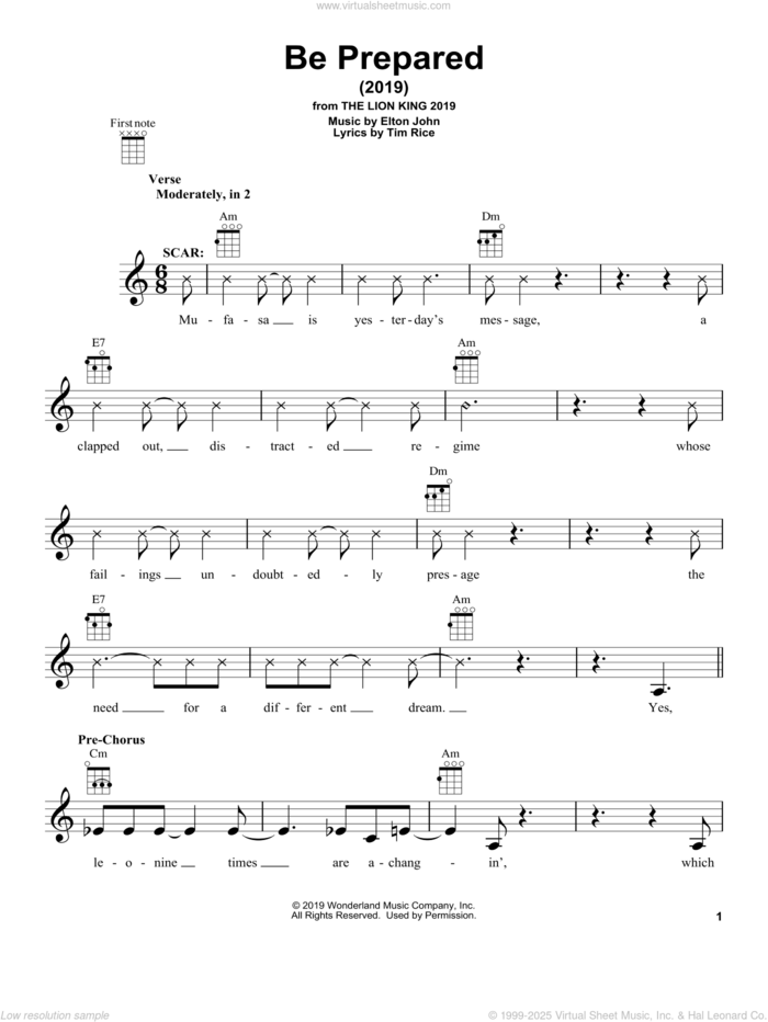 Be Prepared (from The Lion King 2019) sheet music for ukulele by Chiwetel Ejiofor, Elton John and Tim Rice, intermediate skill level