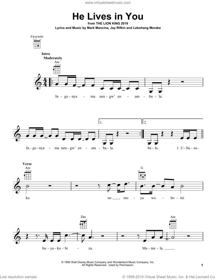 He Lives In You (from The Lion King 2019) sheet music for ukulele by Lebo M., Jay Rifkin, Lebohang Morake and Mark Mancina, intermediate skill level