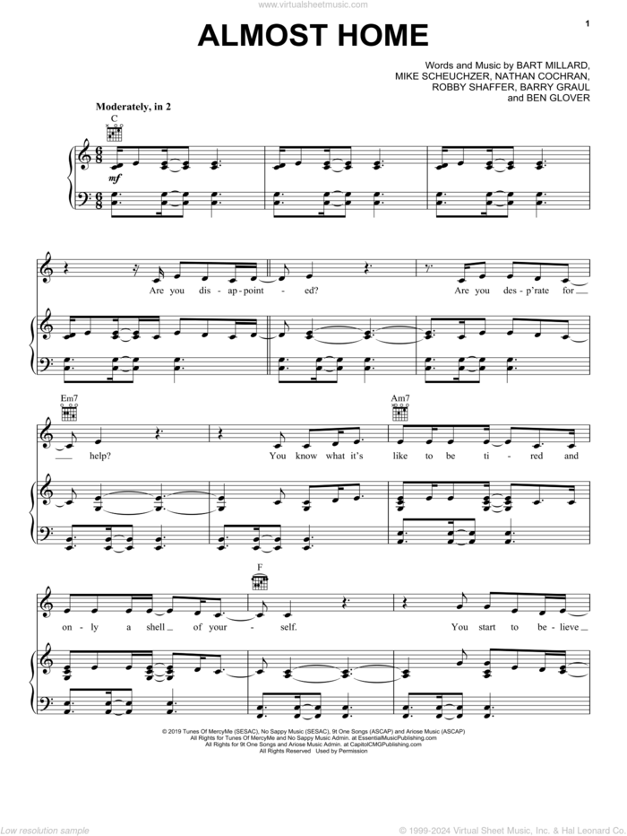 Almost Home sheet music for voice, piano or guitar by MercyMe, Barry Graul, Bart Millard, Ben Glover, Mike Scheuchzer, Nathan Cochran and Robby Shaffer, intermediate skill level