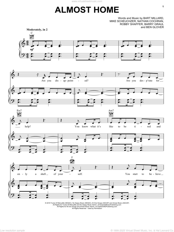 Almost Home sheet music for voice, piano or guitar by MercyMe, Barry Graul, Bart Millard, Ben Glover, Mike Scheuchzer, Nathan Cochran and Robby Shaffer, intermediate skill level