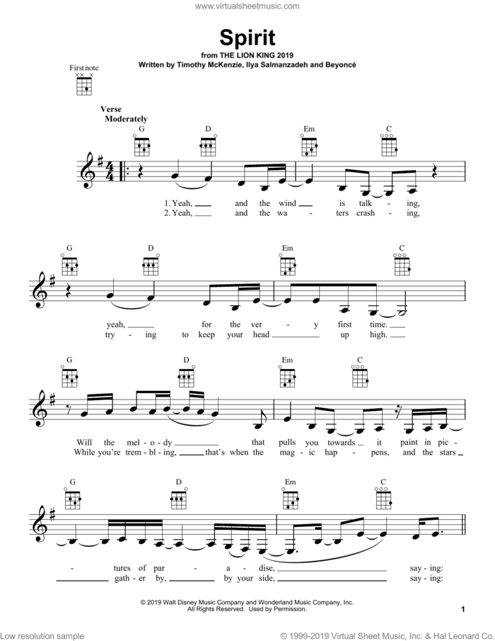 Spirit (from The Lion King 2019) sheet music for ukulele by Beyonce, Ilya Salmanzadeh and Timothy McKenzie, intermediate skill level