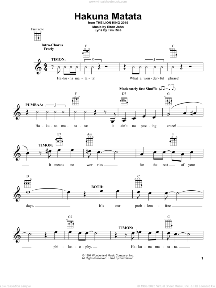 Hakuna Matata (from The Lion King 2019) sheet music for ukulele by Elton John and Tim Rice, intermediate skill level