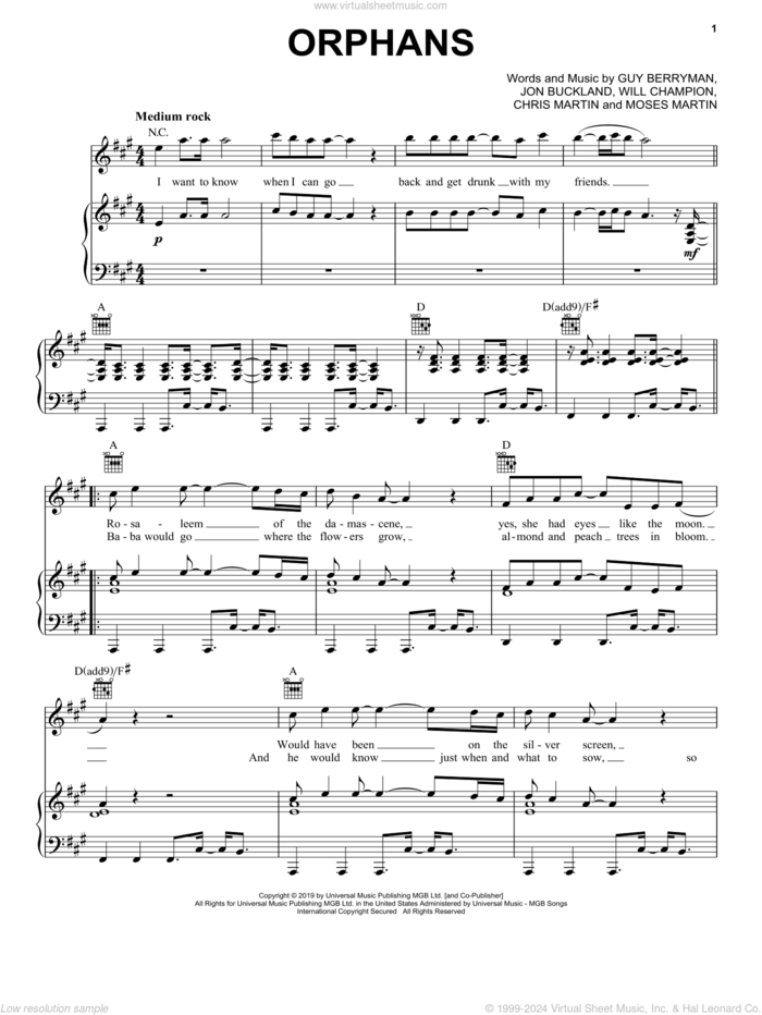 Orphans sheet music for voice, piano or guitar by Coldplay, Chris Martin, Guy Berryman, Jon Buckland, Moses Martin and Will Champion, intermediate skill level