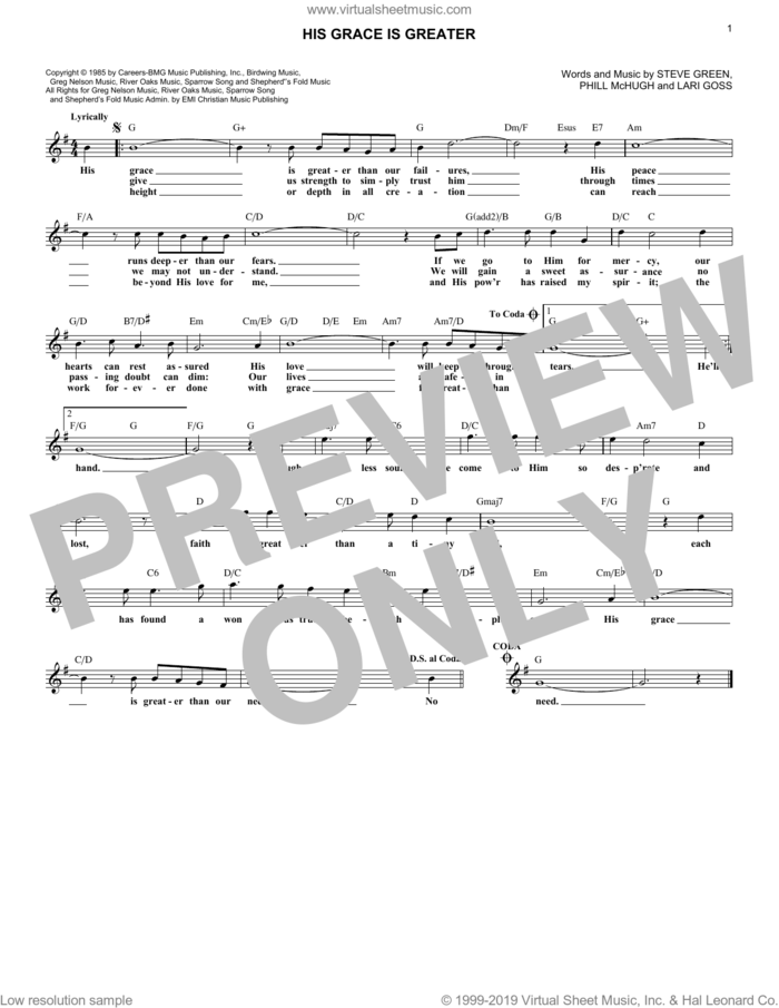 His Grace Is Greater sheet music for voice and other instruments (fake book) by Greg Nelson, Lari Goss, Phill McHugh and Steve Green, intermediate skill level