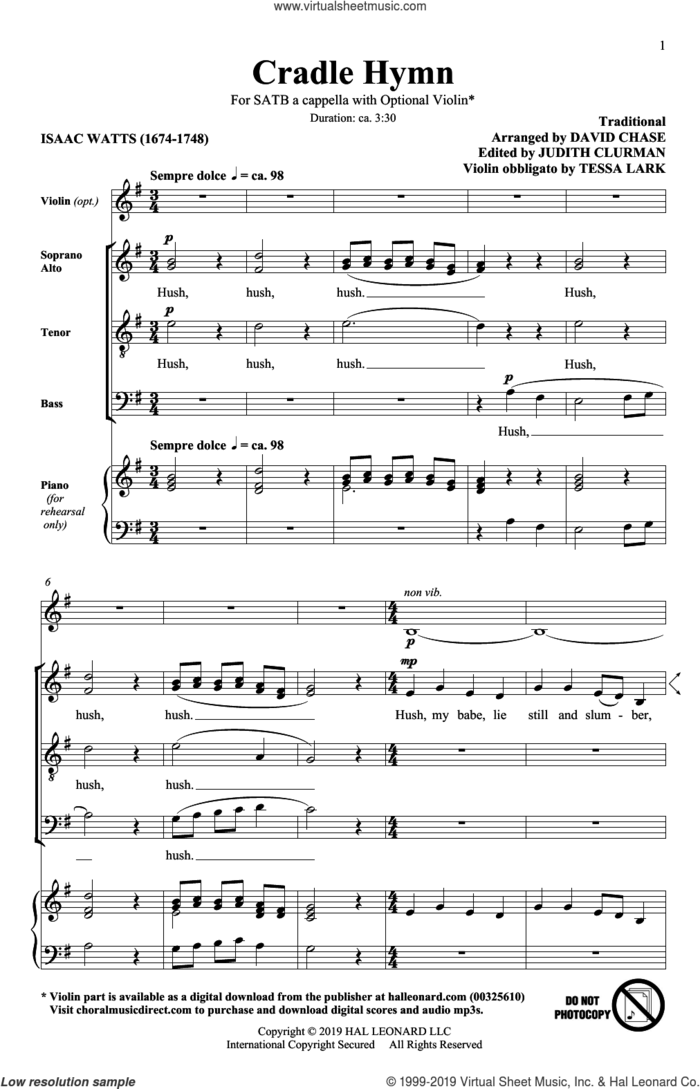 Cradle Hymn (arr. David Chase) sheet music for choir (SATB: soprano, alto, tenor, bass) by Traditional Hymn and David Chase, intermediate skill level