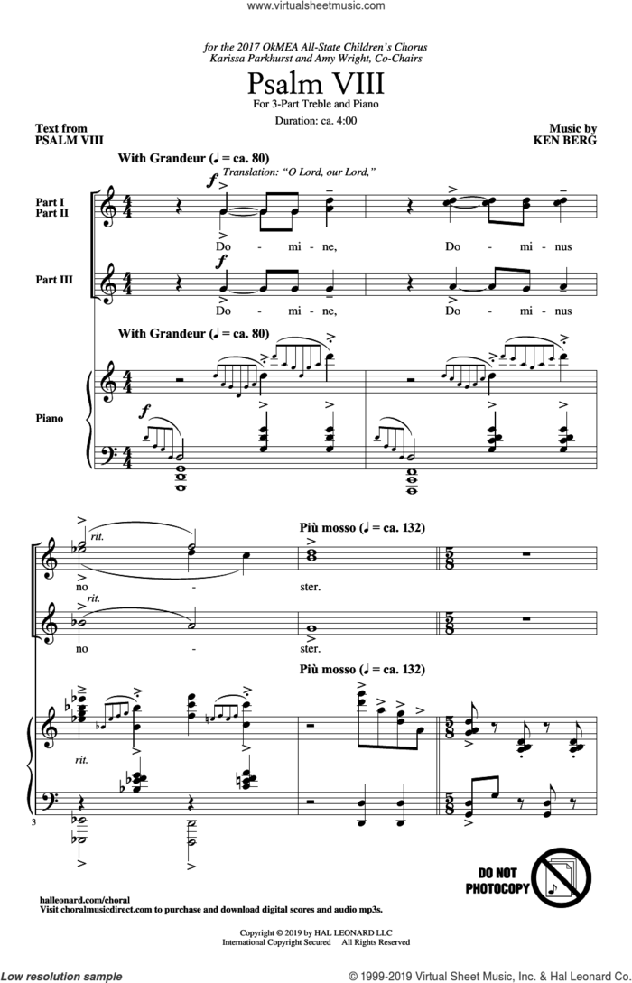 Psalm VIII sheet music for choir (3-Part Treble) by Ken Berg and Psalm VIII, intermediate skill level