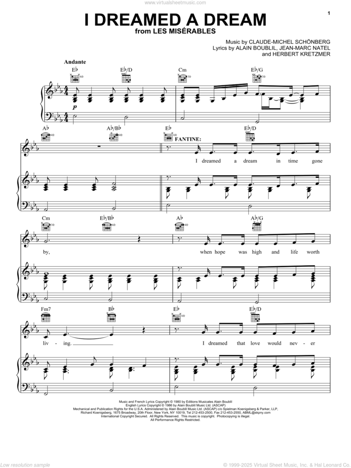 I Dreamed A Dream (from Les Miserables) sheet music for voice, piano or guitar by Claude-Michel Schonberg, Les Miserables (Musical), Miscellaneous, Alain Boublil, Boublil and Schonberg, Herbert Kretzmer and Jean-Marc Natel, intermediate skill level