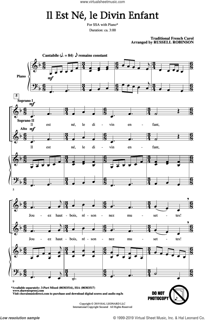 Il Est Ne, Le Divin Enfant (arr. Russell Robinson) sheet music for choir (SSA: soprano, alto)  and Russell Robinson, intermediate skill level