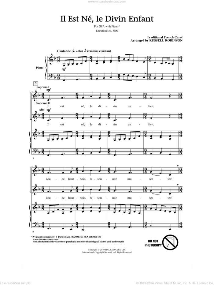 Il Est Ne, Le Divin Enfant (arr. Russell Robinson) sheet music for choir (SSA: soprano, alto)  and Russell Robinson, intermediate skill level