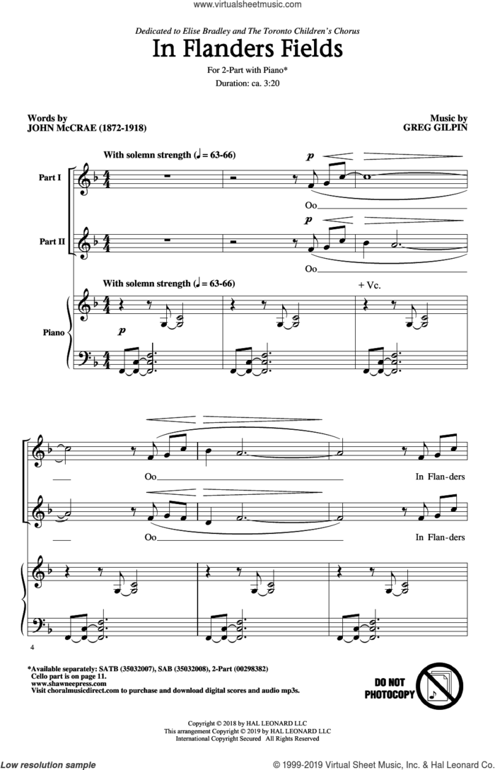 In Flanders Fields sheet music for choir (2-Part) by Greg Gilpin and John McCrae, intermediate duet