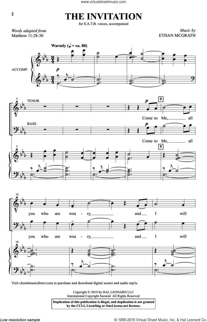 The Invitation sheet music for choir (SATB: soprano, alto, tenor, bass) by Ethan McGrath and Matthew 11:28-30, intermediate skill level