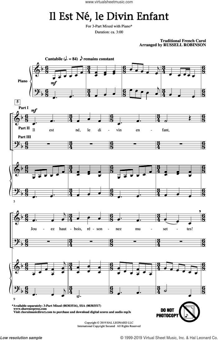 Il Est Ne, Le Divin Enfant (arr. Russell Robinson) sheet music for choir (3-Part Mixed)  and Russell Robinson, intermediate skill level