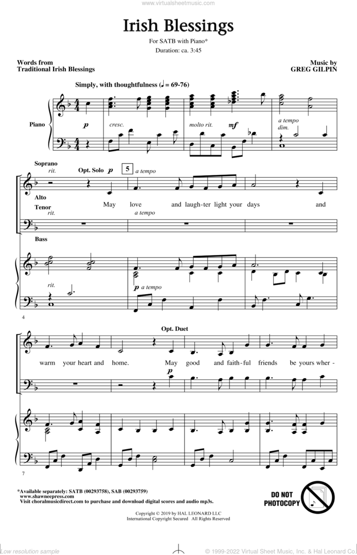 Irish Blessings sheet music for choir (SATB: soprano, alto, tenor, bass) by Greg Gilpin and Traditional Irish Blessings, intermediate skill level