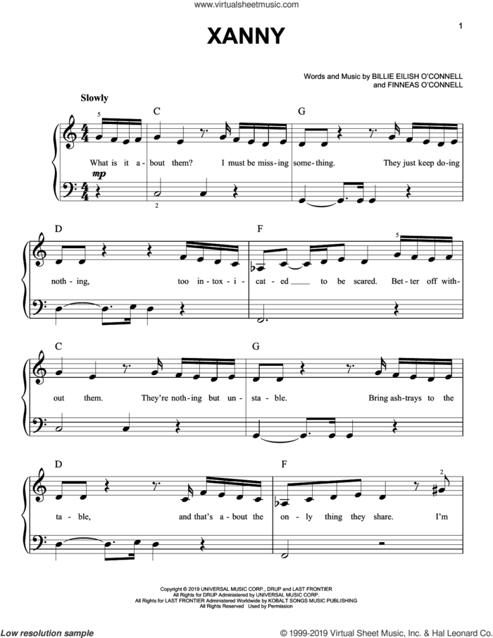 xanny sheet music for piano solo by Billie Eilish, easy skill level