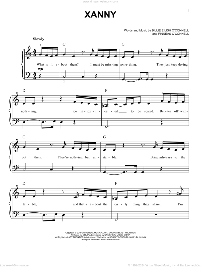 xanny sheet music for piano solo by Billie Eilish, easy skill level