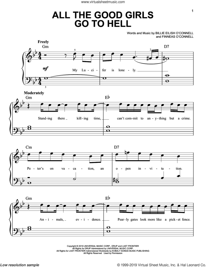 all the good girls go to hell sheet music for piano solo by Billie Eilish, easy skill level