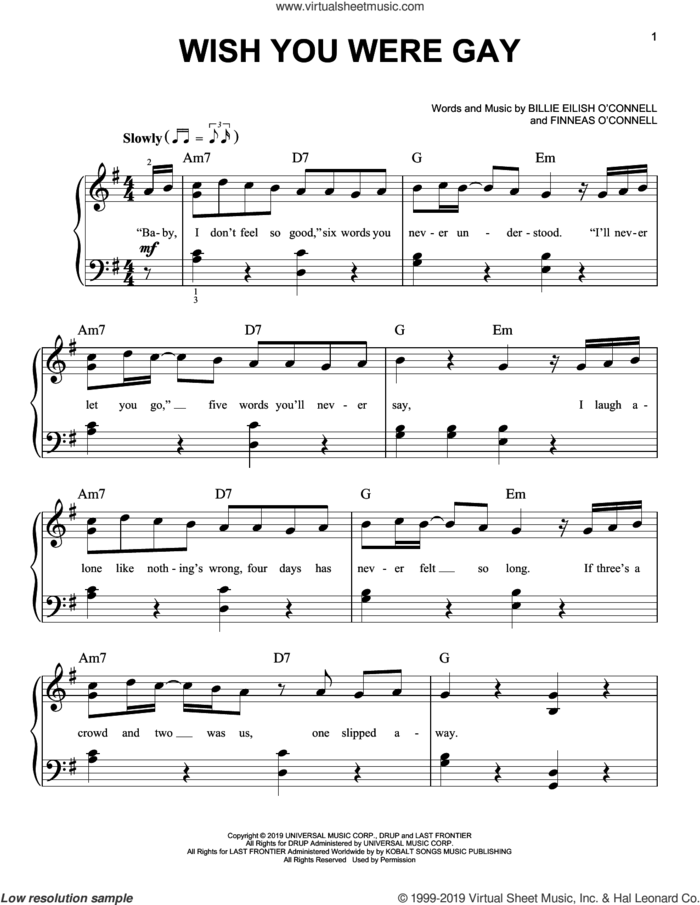 wish you were gay, (easy) sheet music for piano solo by Billie Eilish, easy skill level