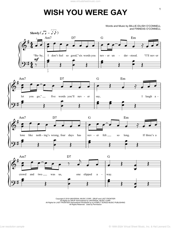 wish you were gay, (easy) sheet music for piano solo by Billie Eilish, easy skill level