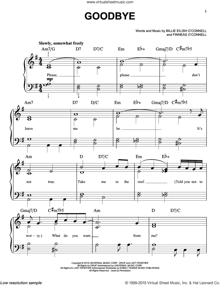 goodbye sheet music for piano solo by Billie Eilish, easy skill level