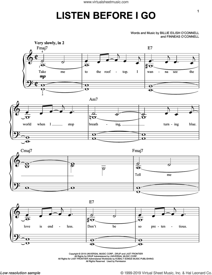 listen before i go sheet music for piano solo by Billie Eilish, easy skill level