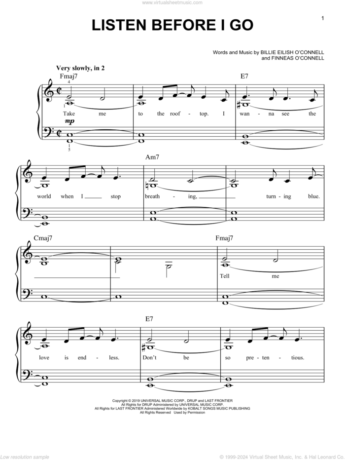 listen before i go, (easy) sheet music for piano solo by Billie Eilish, easy skill level