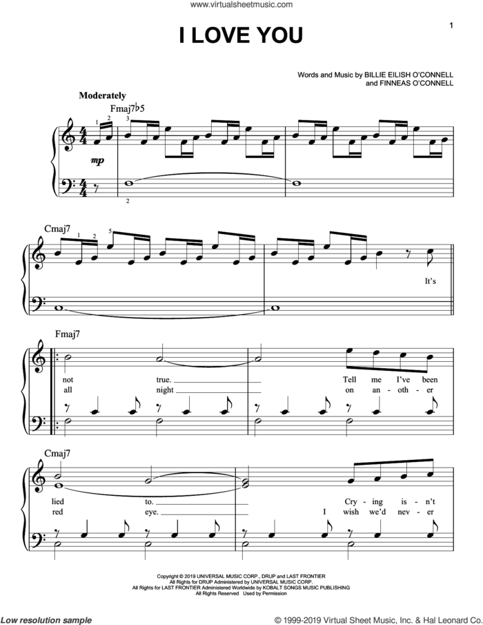 i love you sheet music for piano solo by Billie Eilish, easy skill level