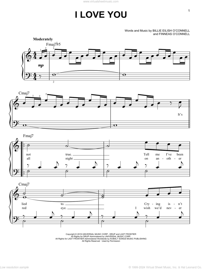 i love you, (easy) sheet music for piano solo by Billie Eilish, easy skill level