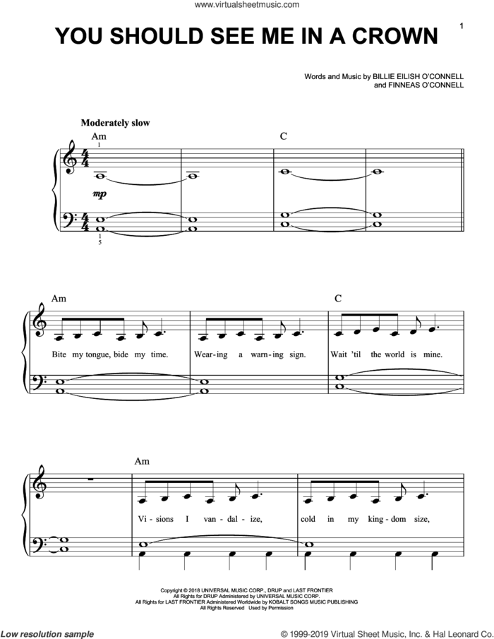 you should see me in a crown, (easy) sheet music for piano solo by Billie Eilish, easy skill level