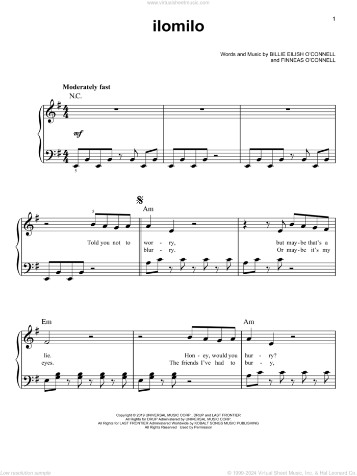 ilomilo sheet music for piano solo by Billie Eilish, easy skill level