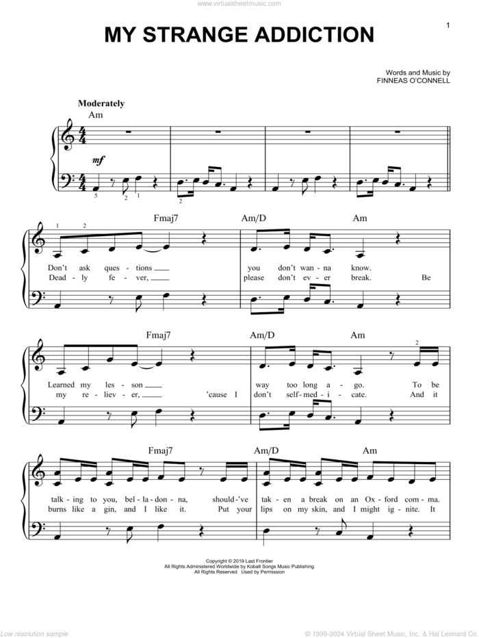 my strange addiction sheet music for piano solo by Billie Eilish, easy skill level