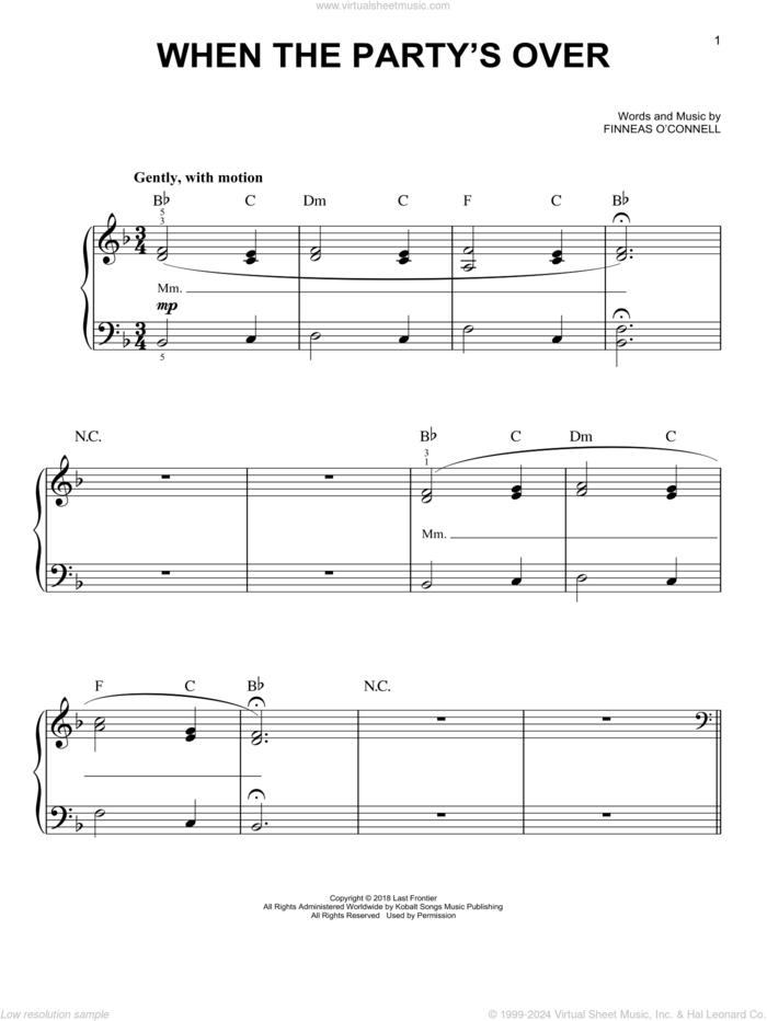 when the party's over sheet music for piano solo by Billie Eilish, easy skill level