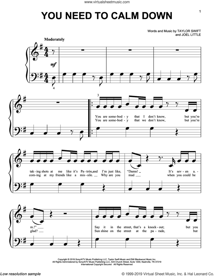 You Need To Calm Down sheet music for piano solo (big note book) by Taylor Swift and Joel Little, easy piano (big note book)