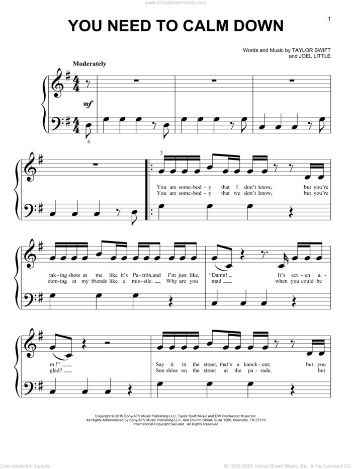 You Need To Calm Down sheet music for piano solo (big note book) by Taylor Swift and Joel Little, easy piano (big note book)