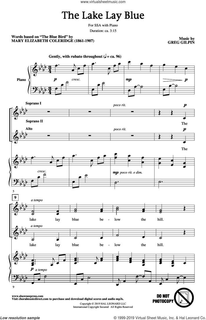 The Lake Lay Blue sheet music for choir (SSA: soprano, alto) by Greg Gilpin and Mary Elizabeth Coleridge, intermediate skill level