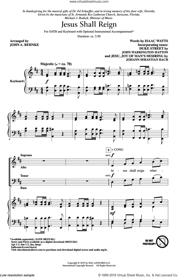 Jesus Shall Reign (arr. John A. Behnke) sheet music for choir (SATB: soprano, alto, tenor, bass) by Isaac Watts and JOHN A. BEHNKE, intermediate skill level