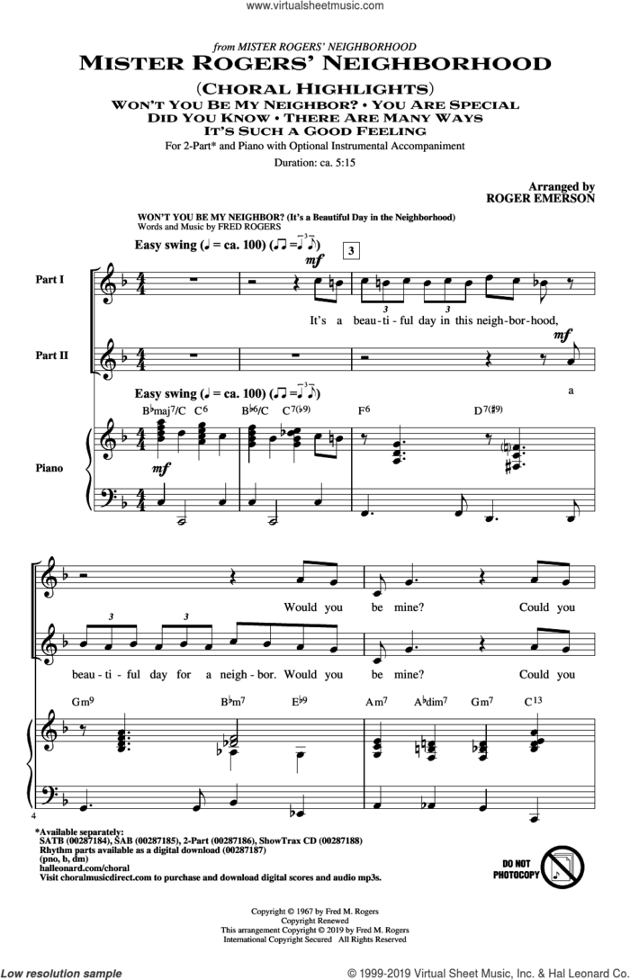 Mister Rogers' Neighborhood (Choral Highlights) (arr. Roger Emerson) sheet music for choir (2-Part) by Fred Rogers and Roger Emerson, intermediate duet
