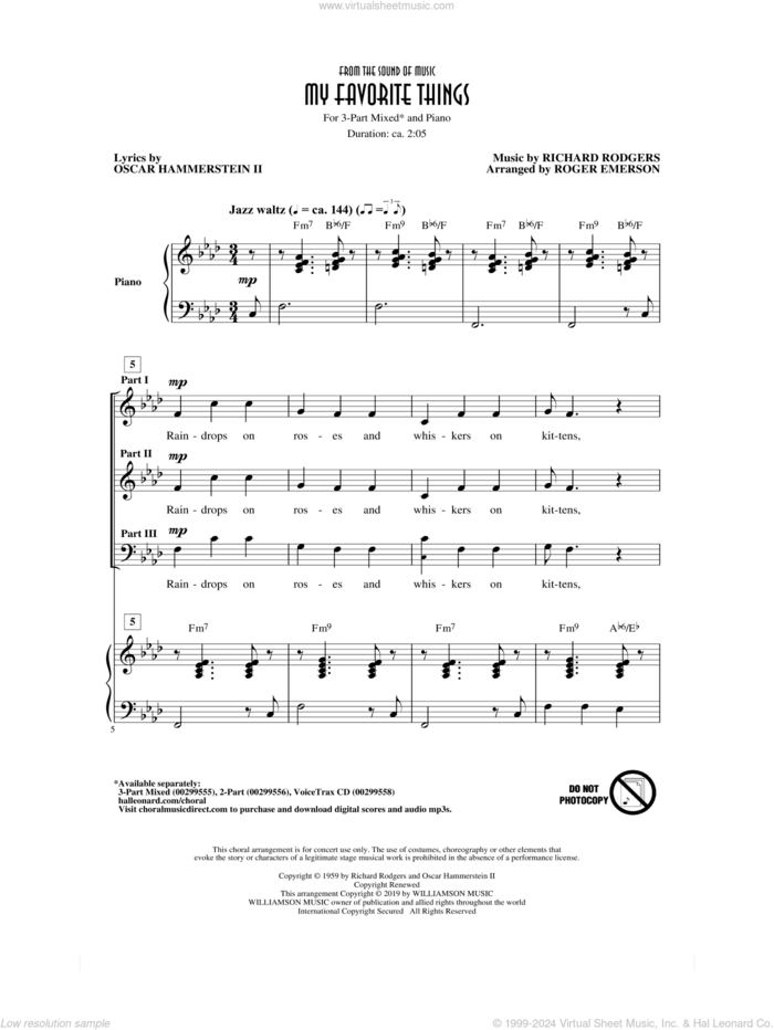 My Favorite Things (from The Sound Of Music) (arr. Roger Emerson) sheet music for choir (3-Part Mixed) by Richard Rodgers, Roger Emerson, Oscar II Hammerstein and Rodgers & Hammerstein, intermediate skill level