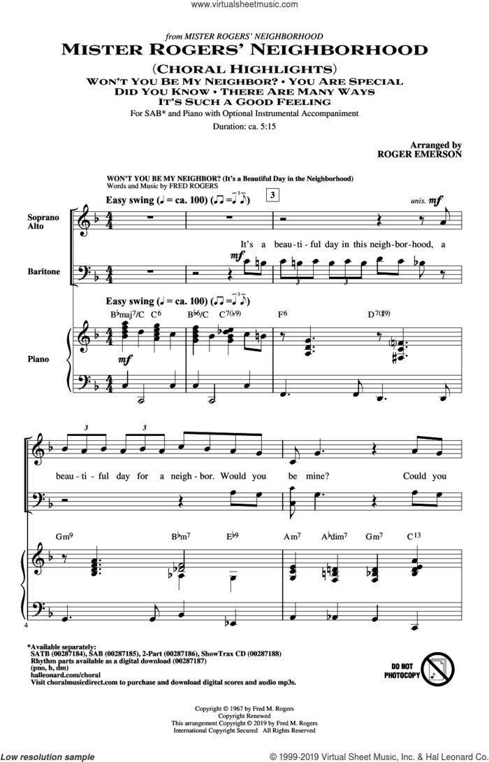 Mister Rogers' Neighborhood (Choral Highlights) (arr. Roger Emerson) sheet music for choir (SAB: soprano, alto, bass) by Fred Rogers and Roger Emerson, intermediate skill level