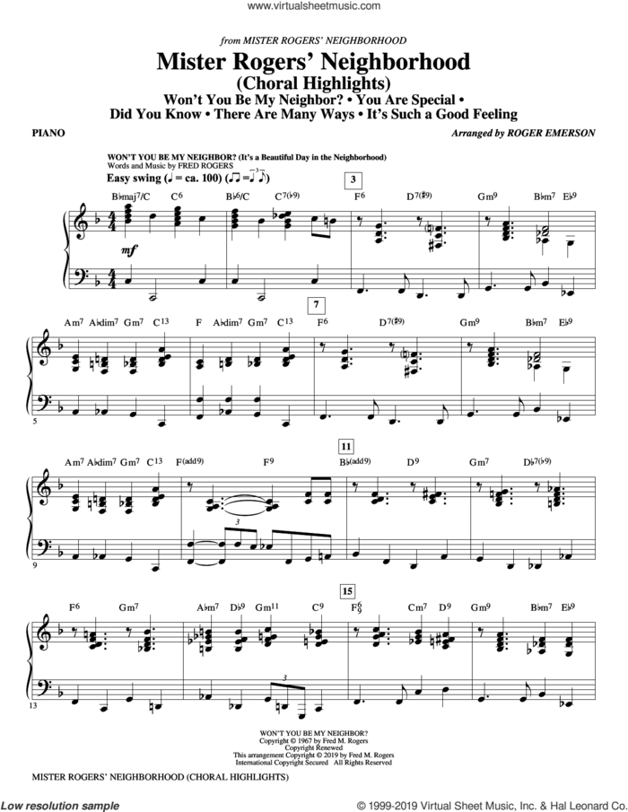 Mister Rogers' Neighborhood (Choral Highlights) (arr. Roger Emerson) (complete set of parts) sheet music for orchestra/band by Roger Emerson and Fred Rogers, intermediate skill level