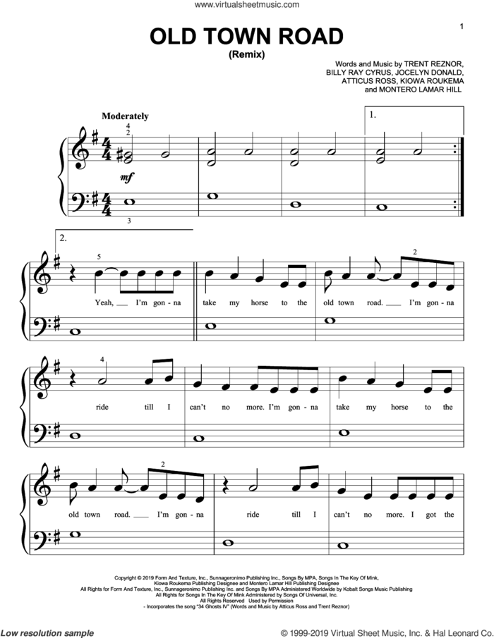 Old Town Road (Remix) sheet music for piano solo (big note book) by Lil Nas X feat. Billy Ray Cyrus, Atticus Ross, Billy Ray Cyrus, Jocelyn Donald, Kiowa Roukema, Montero Lamar Hill and Trent Reznor, easy piano (big note book)