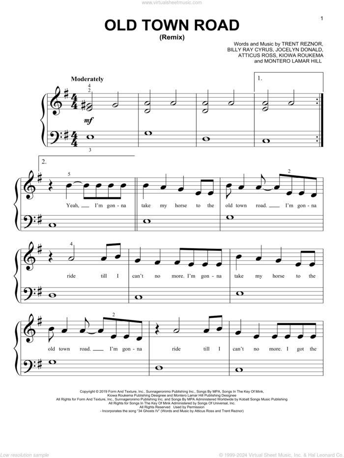 Old Town Road (Remix) sheet music for piano solo (big note book) by Lil Nas X feat. Billy Ray Cyrus, Atticus Ross, Billy Ray Cyrus, Jocelyn Donald, Kiowa Roukema, Montero Lamar Hill and Trent Reznor, easy piano (big note book)